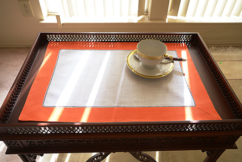 White Hemstitch Placemat 14"x20". Flame Orange color border - Click Image to Close